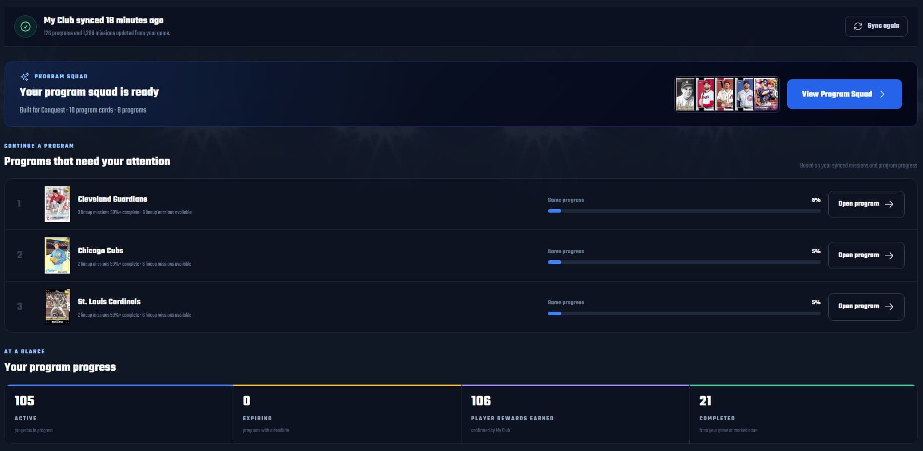 My Programs dashboard showing sync status, a generated Program Squad, priority programs, and overall progress