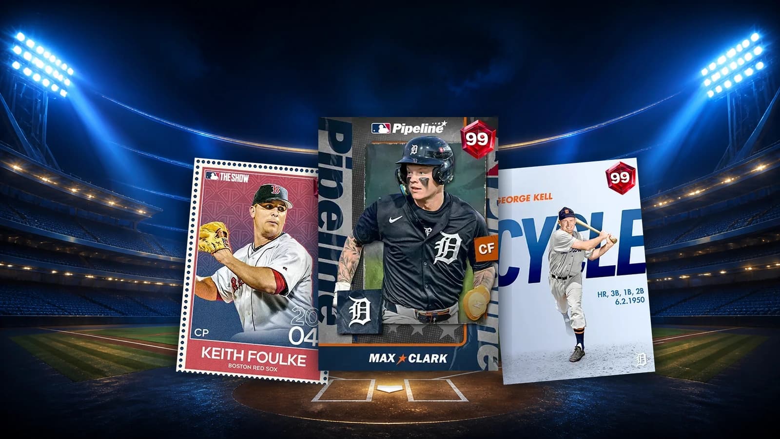 99 OVR Max Clark, Keith Foulke, and George Kell cards over an empty blue and gold night stadium