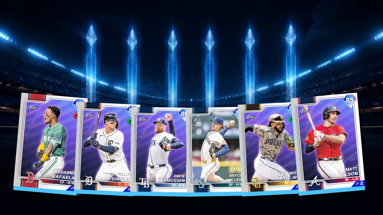 Six new Diamond Live Series cards over an empty blue night stadium with six glowing tier-up columns