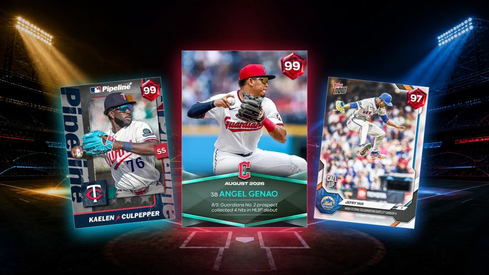 99 OVR Angel Genao, 99 OVR Kaelen Culpepper, and 97 OVR Jefry Yan cards under stadium spotlights