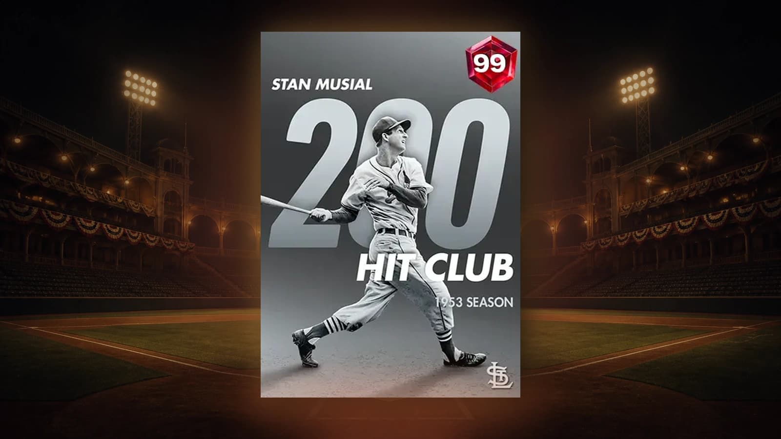 99 OVR Stan Musial 200 Hit Club Milestone card in an empty vintage ballpark