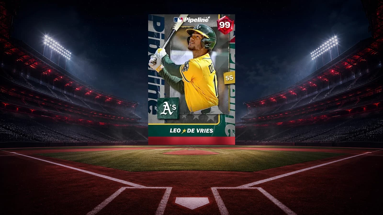 Leo De Vries Pipeline card over an empty red-lit night baseball stadium