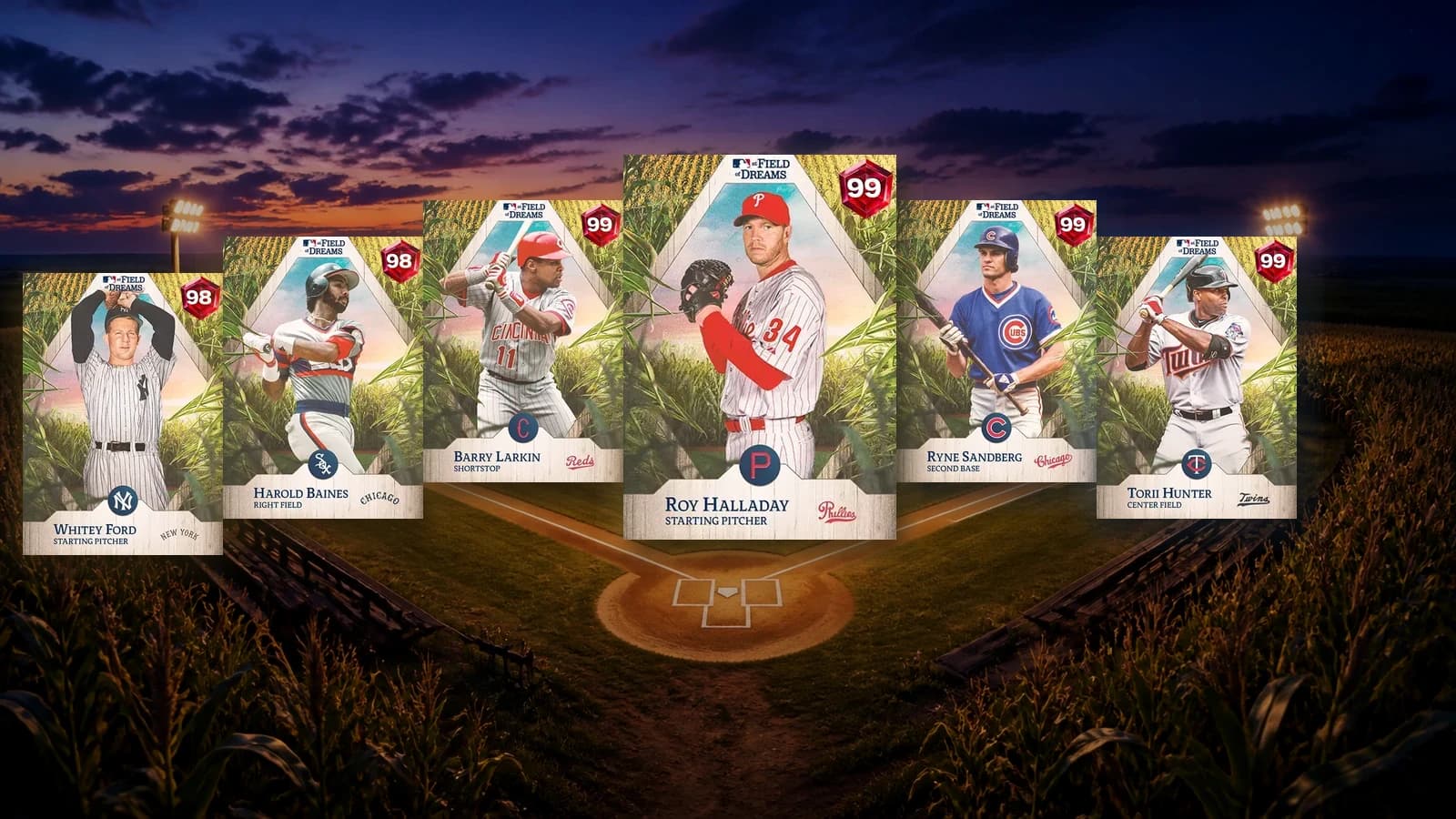 Roy Halladay centered with Whitey Ford, Harold Baines, Barry Larkin, Ryne Sandberg, and Torii Hunter Field of Dreams cards over a cornfield diamond at twilight