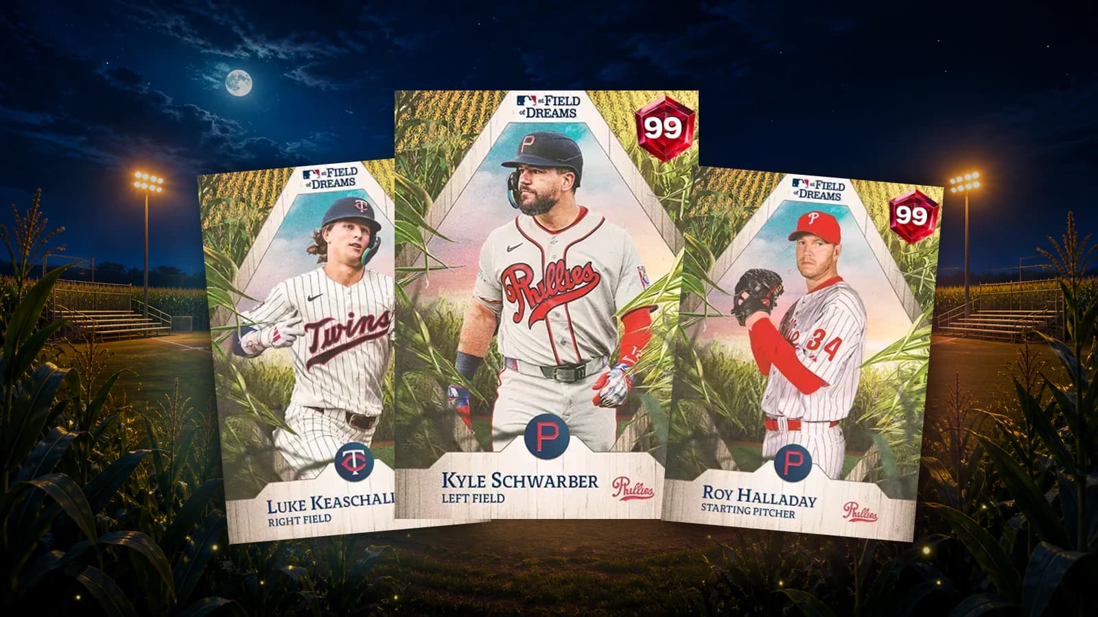 Kyle Schwarber centered between Luke Keaschall and Roy Halladay Field of Dreams cards over a moonlit cornfield baseball diamond