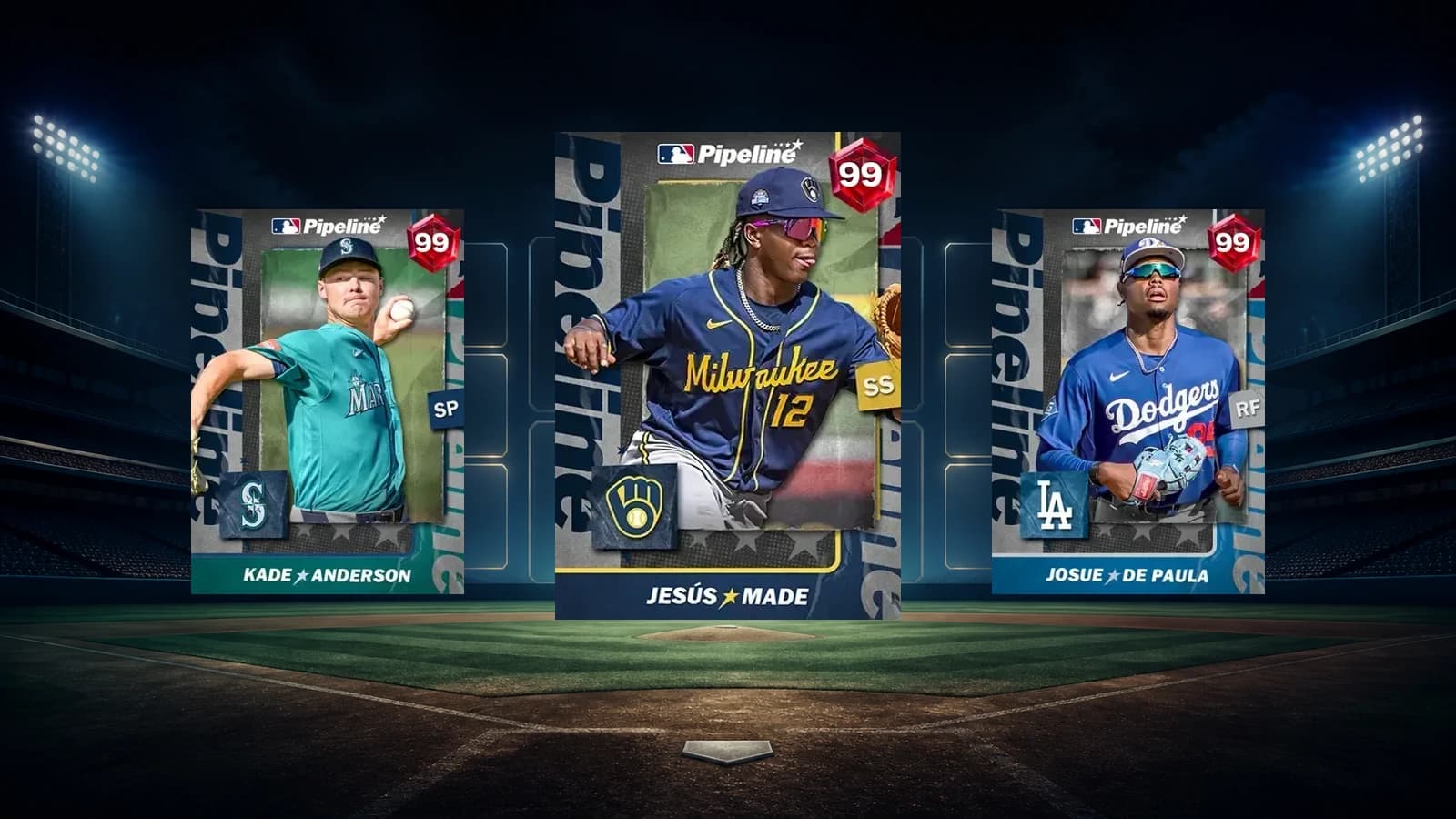 Kade Anderson, Jesús Made and Josue De Paula Pipeline cards over an unbranded night ballpark background