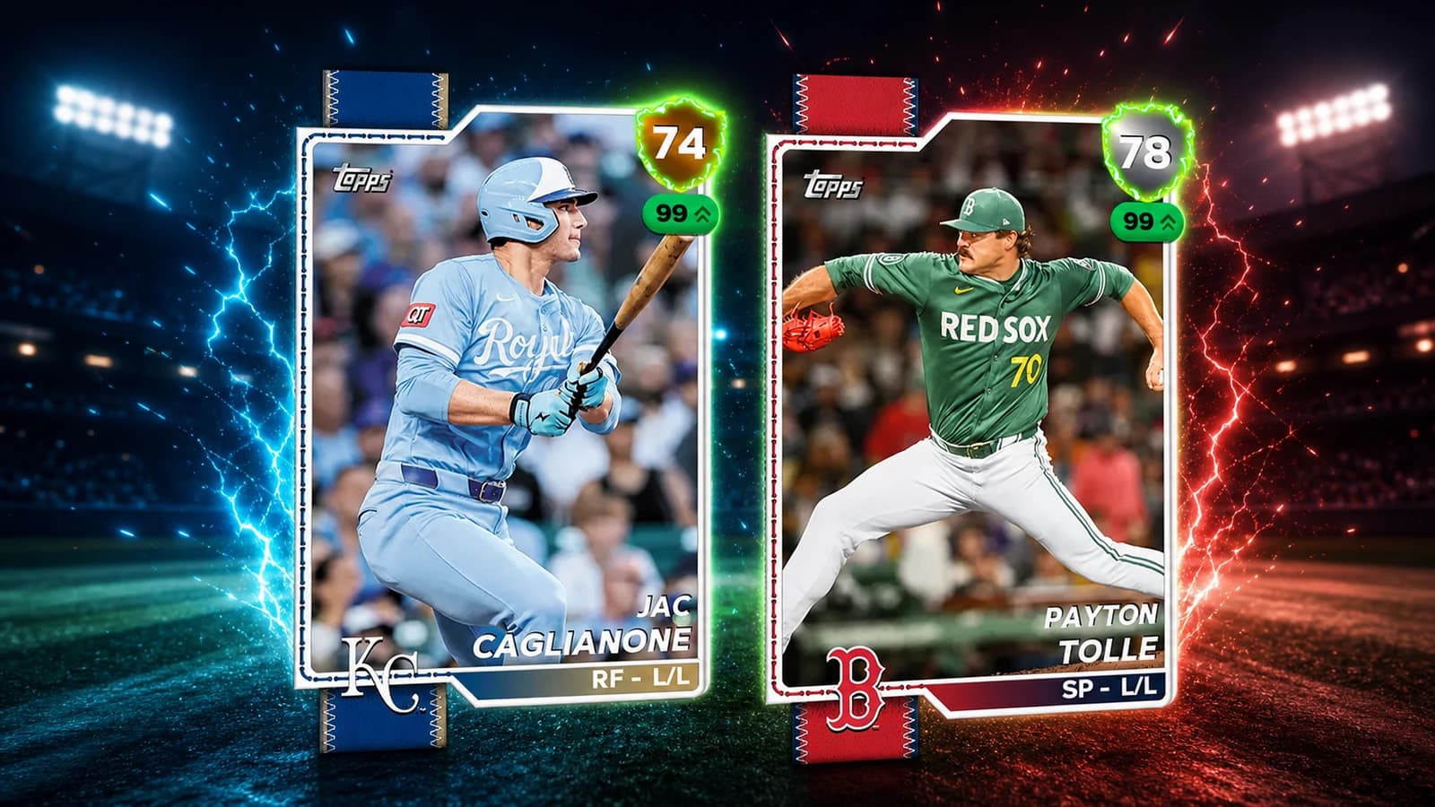 Supercharged Jac Caglianone and Payton Tolle Live Series cards in a lit ballpark
