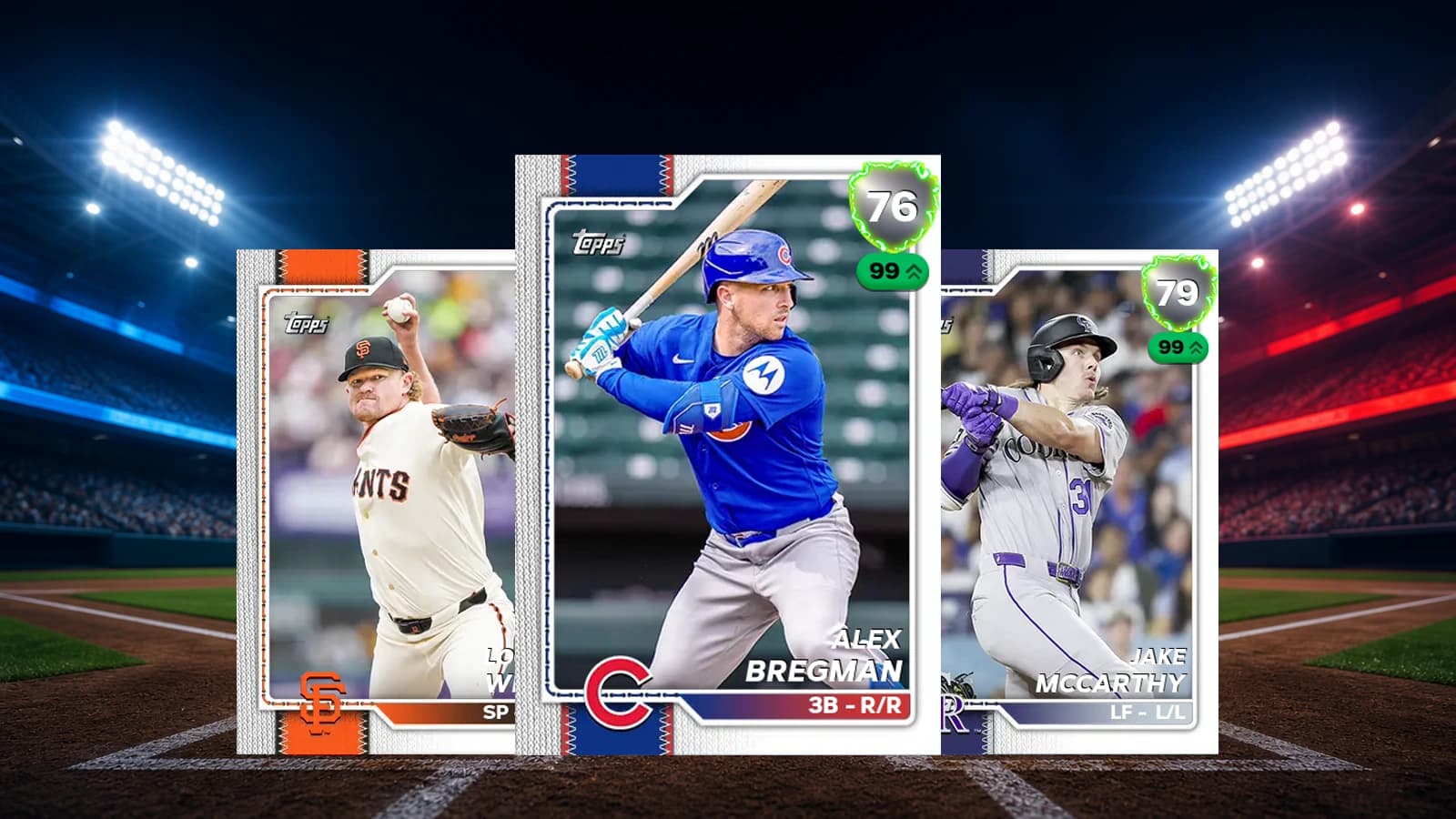 Supercharged Alex Bregman, Logan Webb, and Jake McCarthy Live Series cards in a lit ballpark