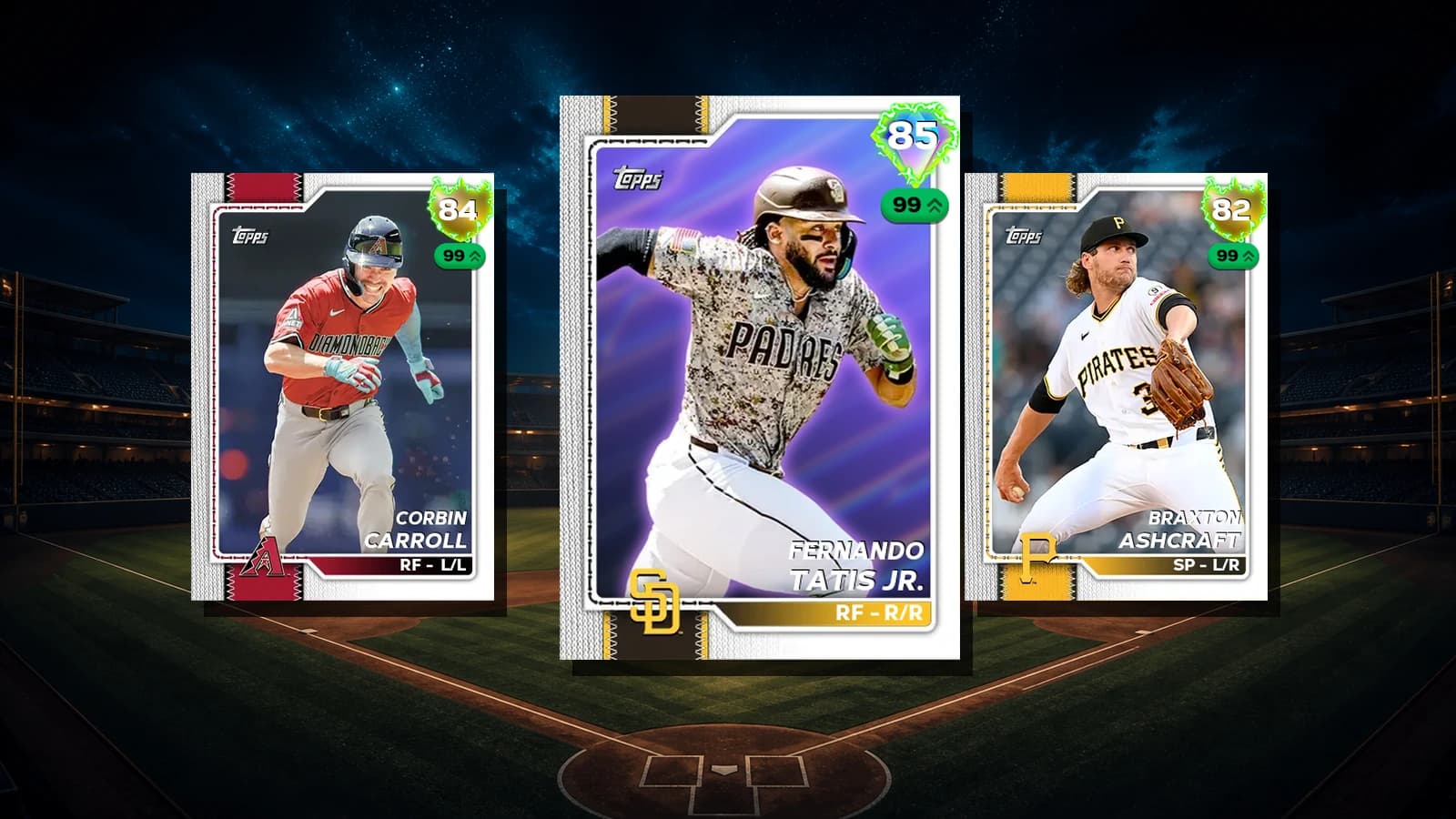 Fernando Tatis Jr., Corbin Carroll and Braxton Ashcraft Live Series cards over a dark night ballpark background