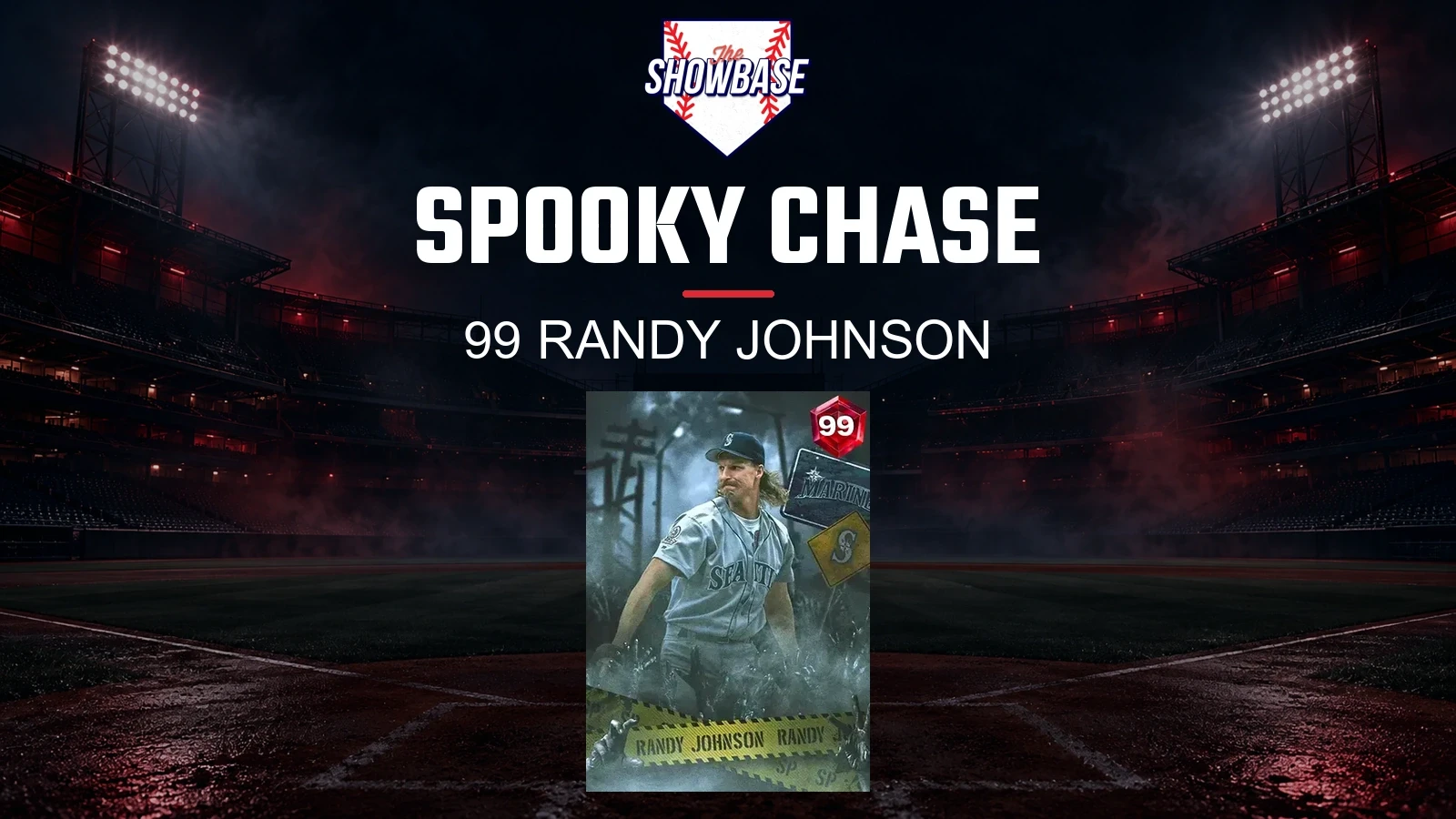 99 Spooky Randy Johnson base card beneath theSHOWBASE logo and Spooky Chase headline