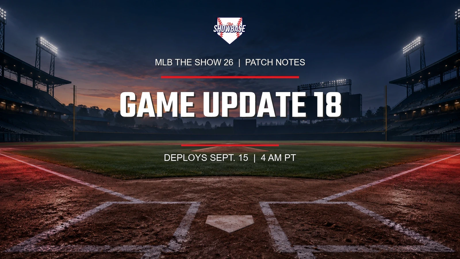 theSHOWBASE Game Update 18 editorial graphic over an empty baseball stadium at dawn