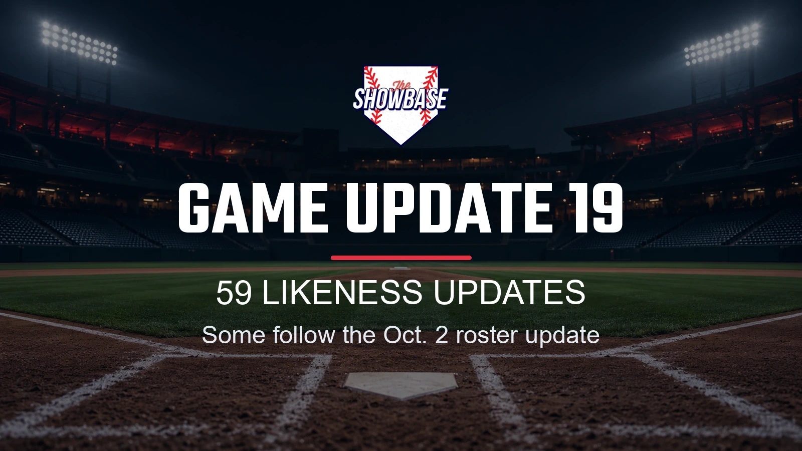 theSHOWBASE Game Update 19 artwork showing 59 player likeness updates and the October 2 roster update note over a night stadium