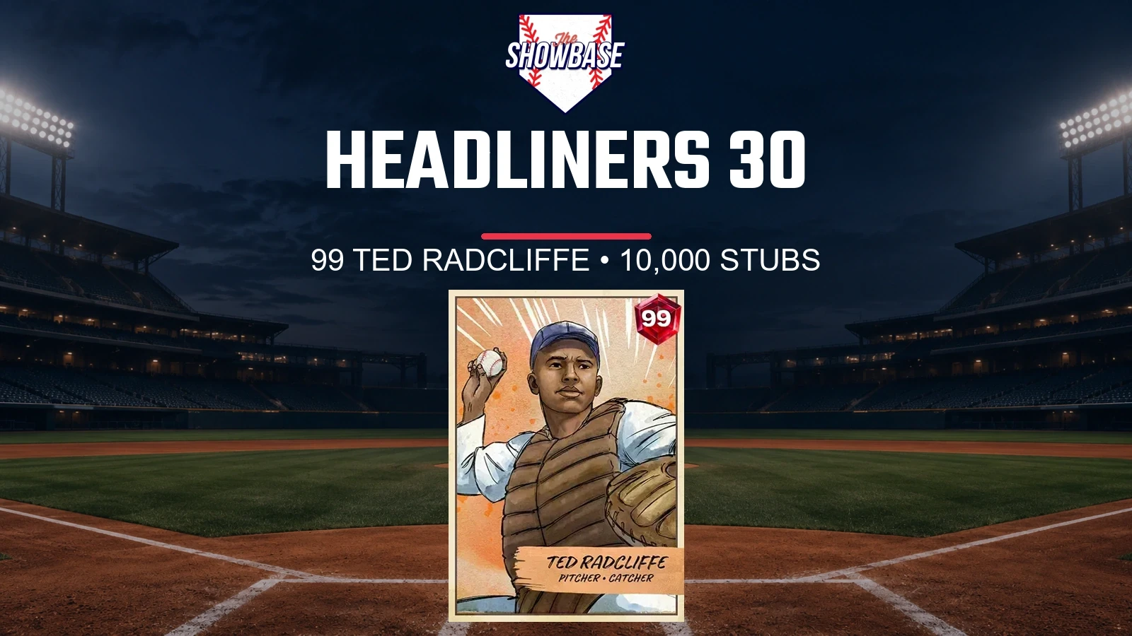 Official 99 Ted Radcliffe card beneath theSHOWBASE logo, Headliners 30 headline and 10,000 Stubs supporting line