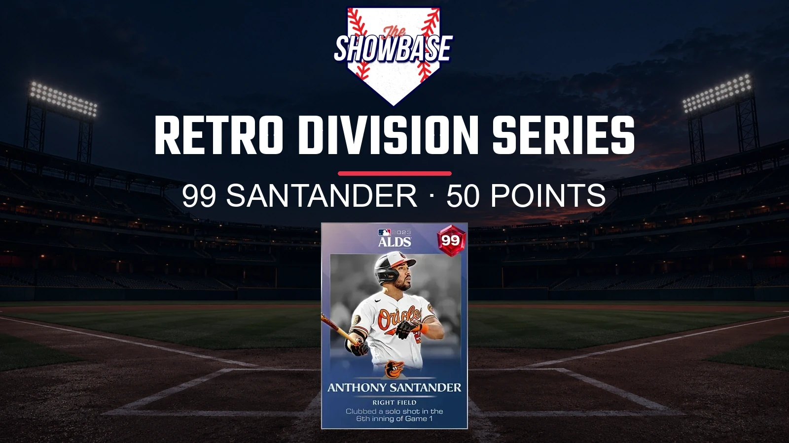 99 OVR The Show Classics Anthony Santander card with theSHOWBASE logo and Retro Division Series headline