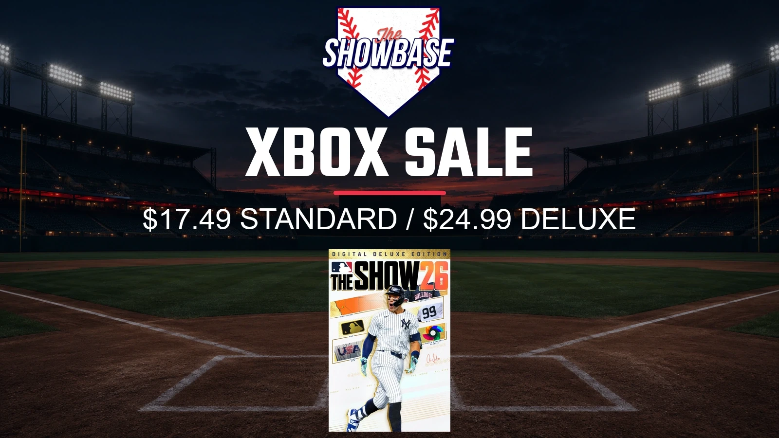 MLB The Show 26 Digital Deluxe cover with Aaron Judge beneath theSHOWBASE logo and Xbox sale prices
